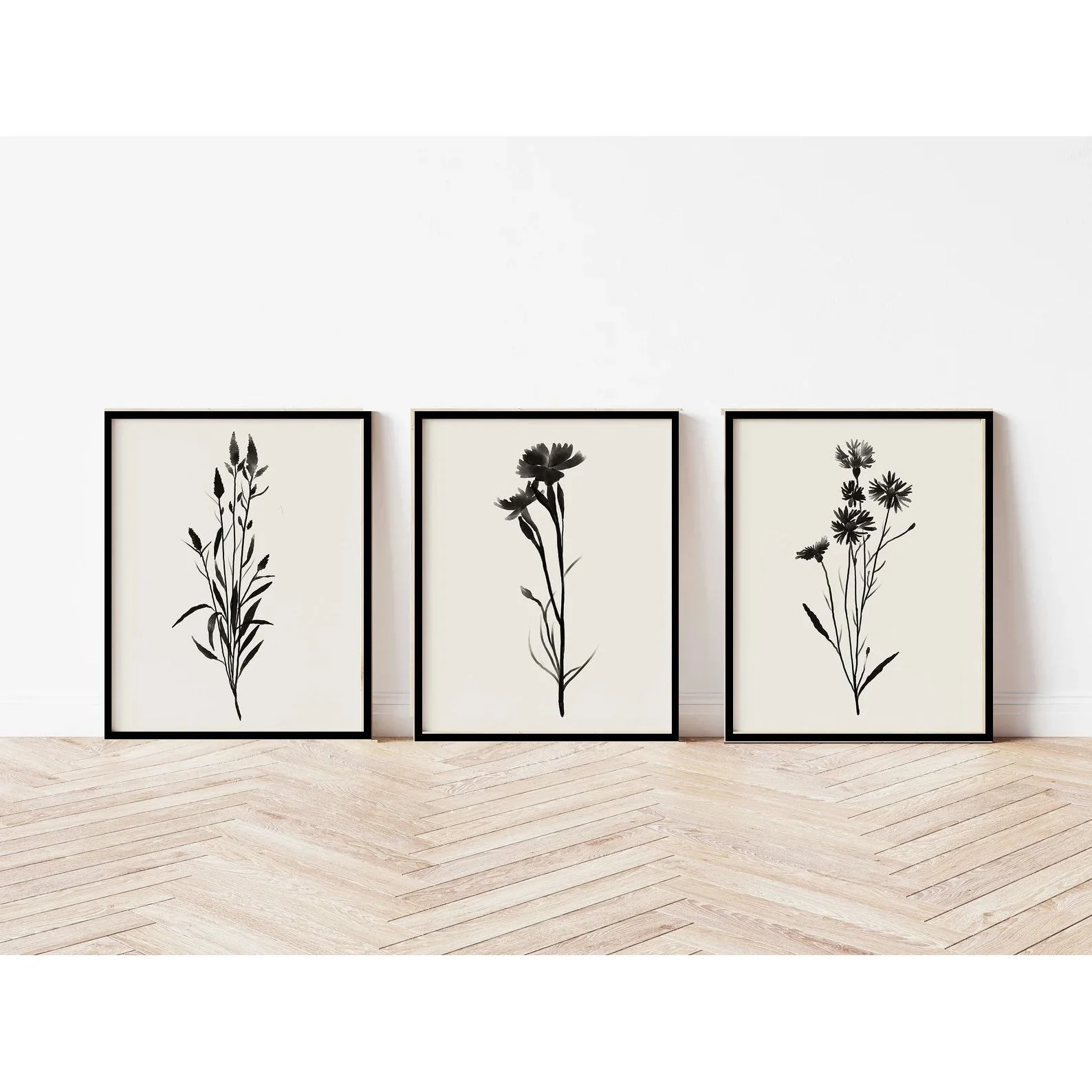 3 pc Black Grey Botanical art, Wildflower Abstract Frame set