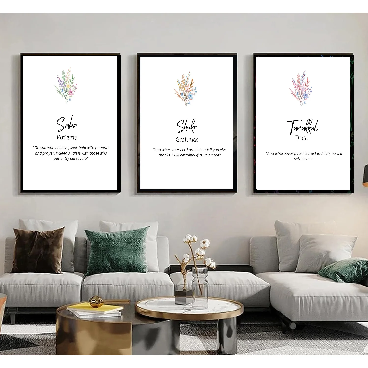 3 Pcs Islamic Calligraphy Wall Frames, Living room Art frame set
