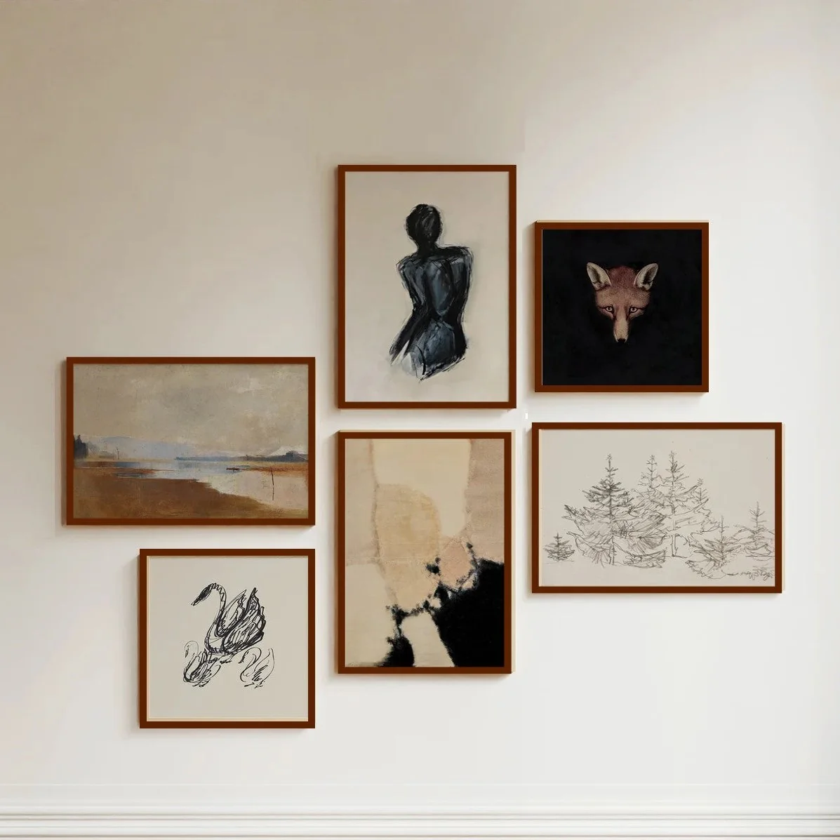 6 Pack Neutral Abstract Art Frames, Vintage Gallery Wall Frames, Minimal frames ( 12x16" 4 pc, 12x12" 2 pc)