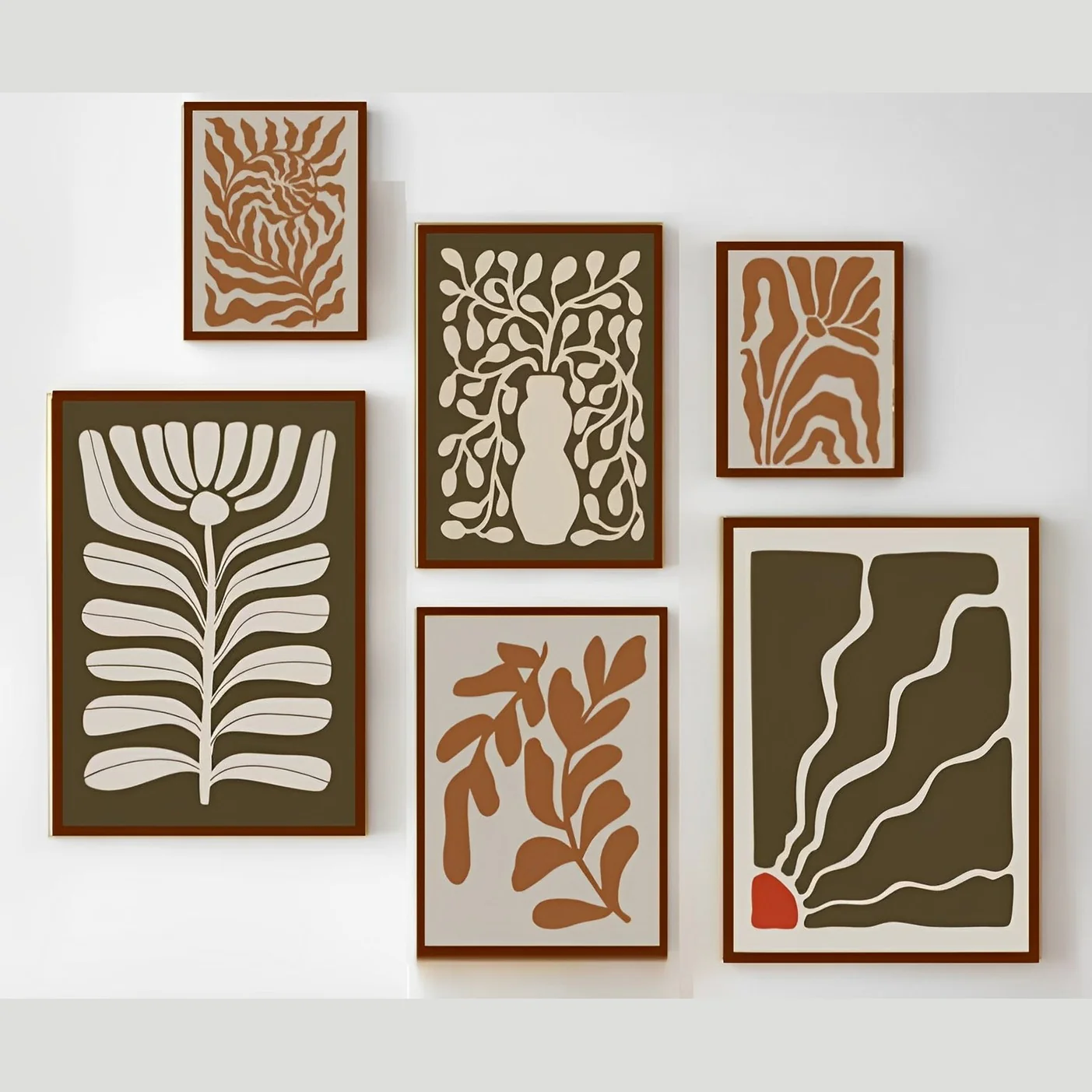 6 Pack Earth Tone Gallery Wall Large Abstract Botanical Print Frame set ( 12x18" 2 pc, 10x14" 2 pc, 8x10" pc)