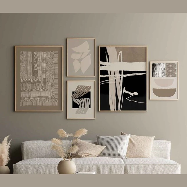 Boho Wall Art Frame Set – Pack of 5 Mid Century Modern Abstract Frames (12x16" 2pc, 8x12" 3pc)