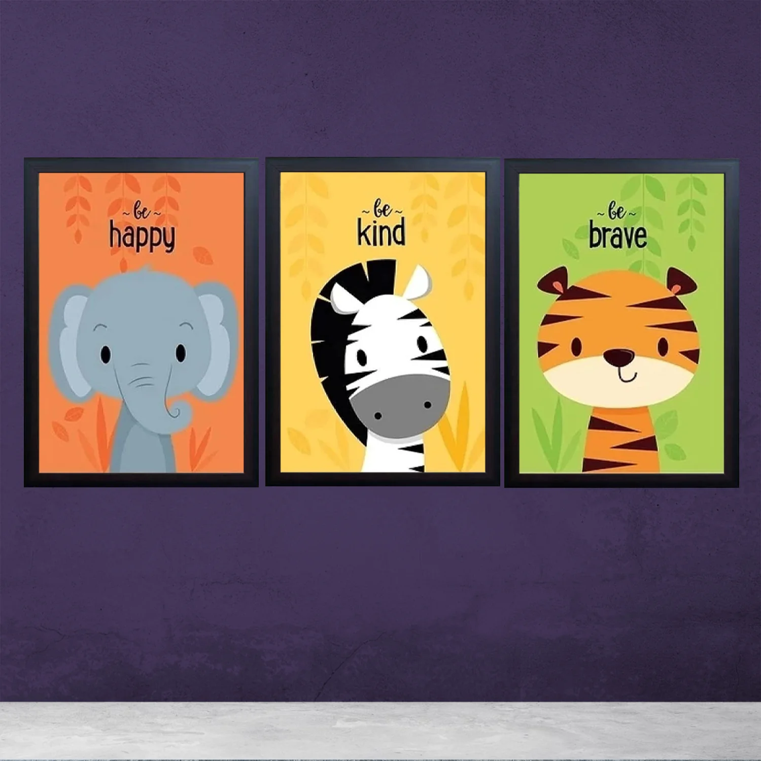 Set of 3 Elephant Zebra Frames Cartoon Animals Nursery Art Kids Wall Painting Pictures Kids Room Decoration - Image 2