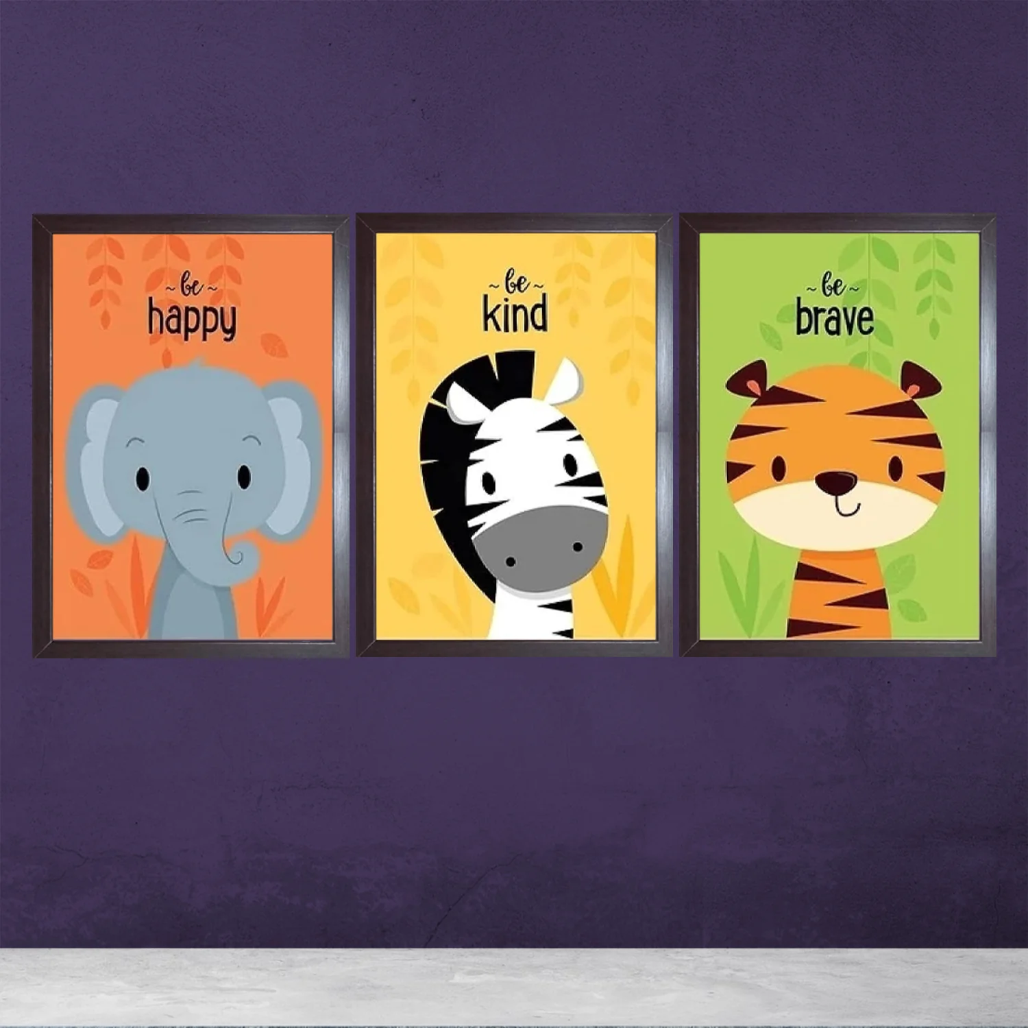 Set of 3 Elephant Zebra Frames Cartoon Animals Nursery Art Kids Wall Painting Pictures Kids Room Decoration - Image 3