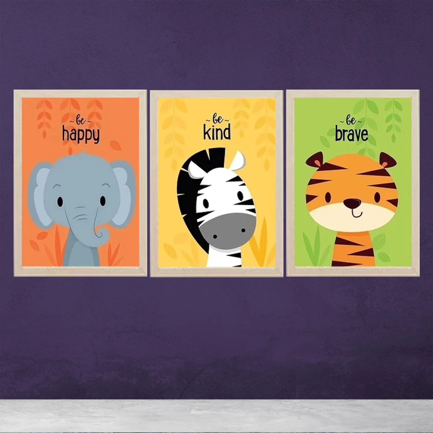 Set of 3 Elephant Zebra Frames Cartoon Animals Nursery Art Kids Wall Painting Pictures Kids Room Decoration - Image 4