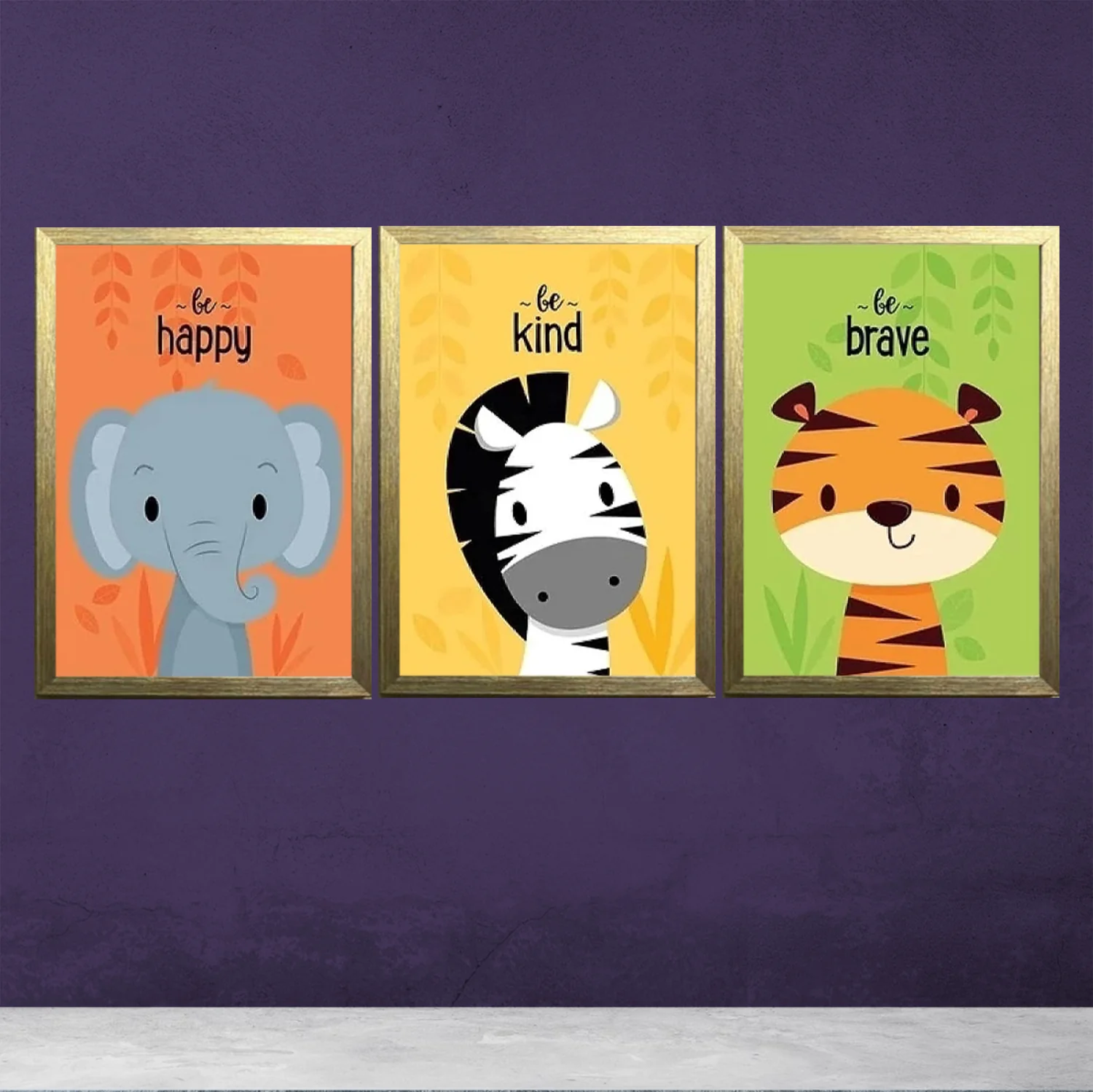 Set of 3 Elephant Zebra Frames Cartoon Animals Nursery Art Kids Wall Painting Pictures Kids Room Decoration - Image 5